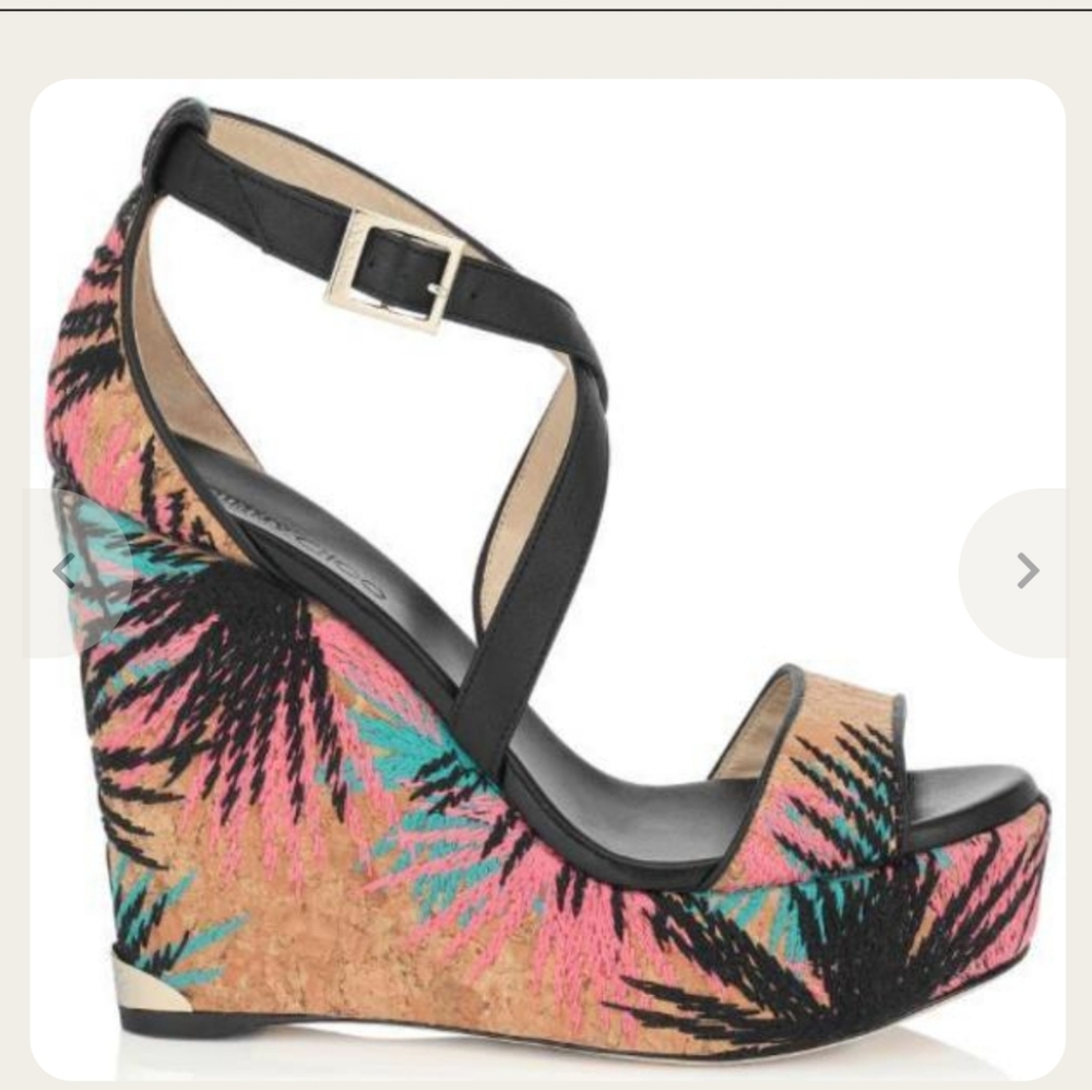 Jimmy Choo Portia embroidered coral cork wedge